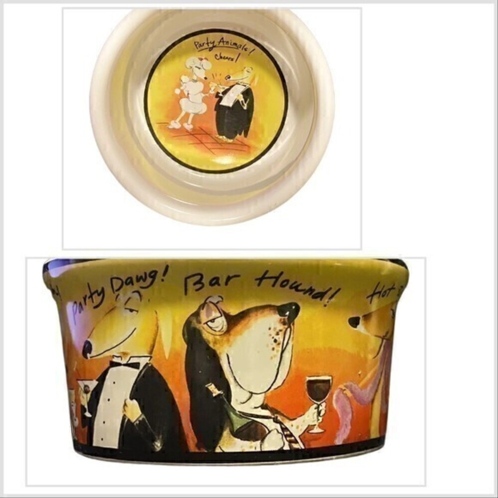 Tracy Flickinger Dog Food Bowl PARTY ANIMALS! CHEERS! Certif Int'l PARTY POOCH!